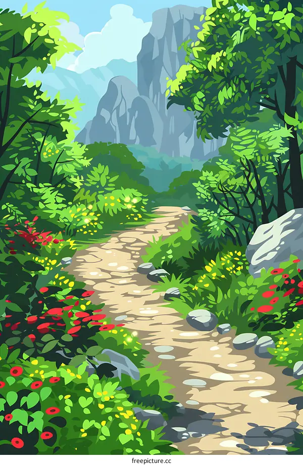 Stone Path Through Lush Green Forest with Mountains in Background