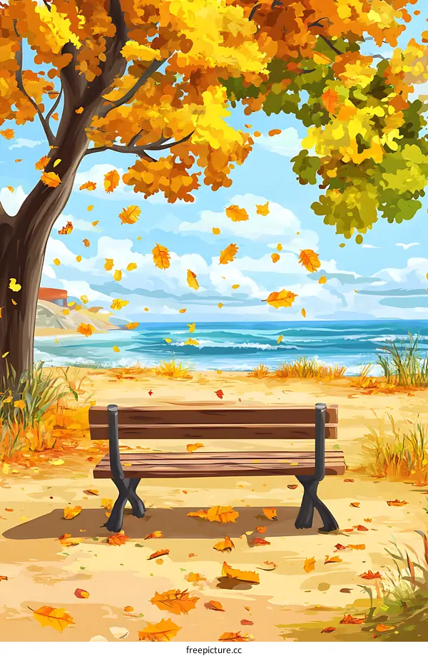 Autumn Leaves Falling on a Bench by the Sea