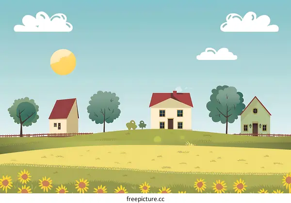 Cartoon Style Countryside Landscape With Houses And Sunflowers