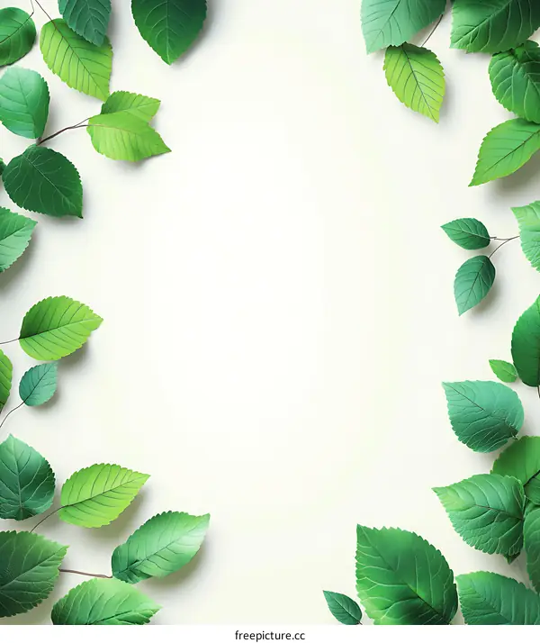 Green Leaves Border on White Background