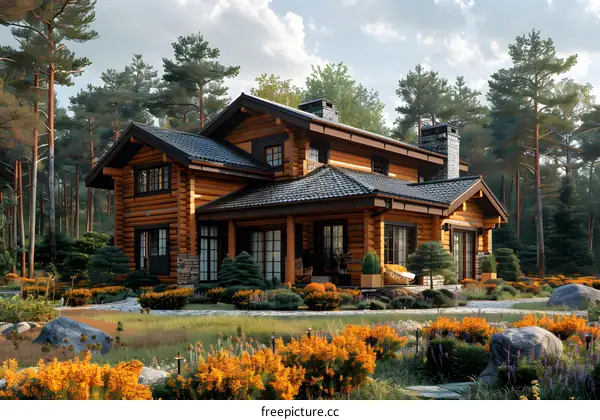 Luxurious wooden house in the middle of a pine forest