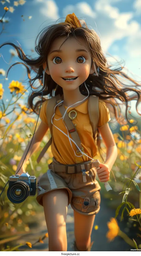 A girl with a camera in a field of flowers