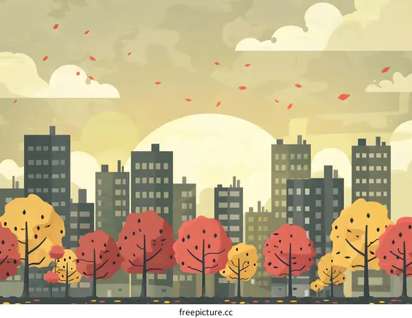 Autumn City Skyline with Falling Leaves