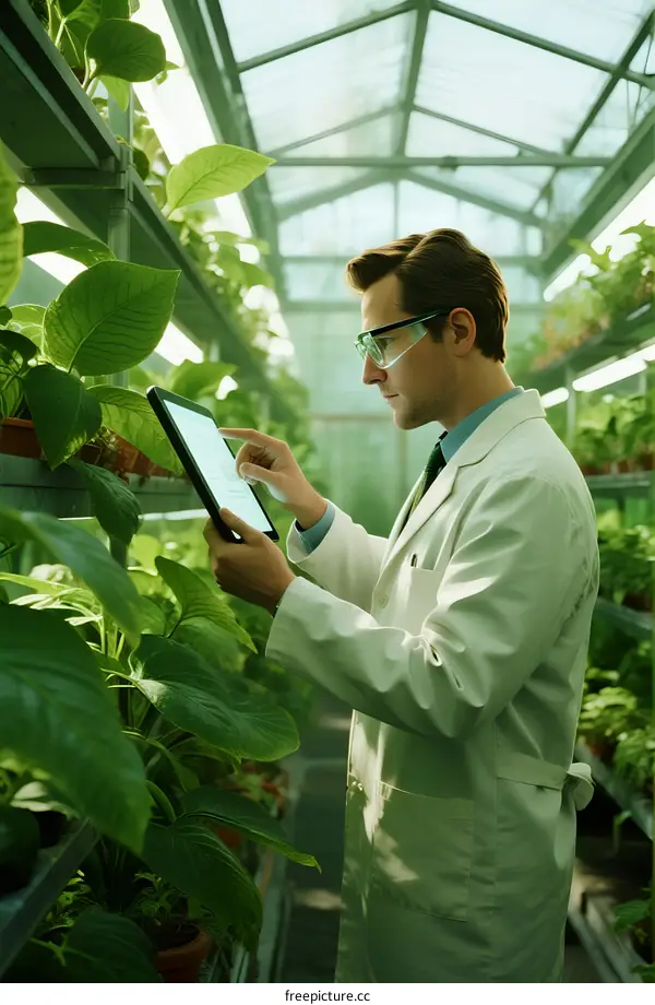Scientist Examining Plants in Greenhouse with Digital Tablet