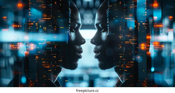 Black man and woman facing each other with digital background