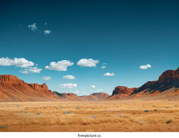 Expansive Desert Landscape with Vibrant Red Rock Formations and Azure Skies