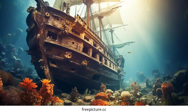 Sunken Shipwreck with Coral Reef and Marine Life
