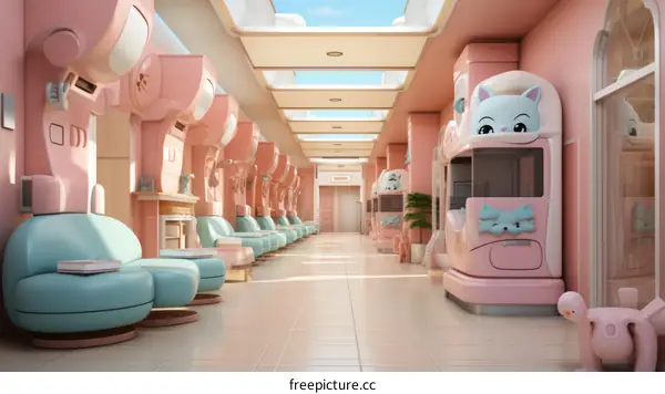 A futuristic hospital with pink and blue walls and cat-themed medical equipment