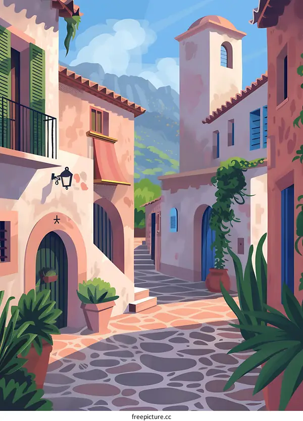 Mediterranean Village Street With Stone Pavement And Lush Green Plants