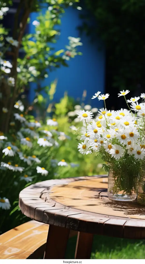 White and Yellow Daisies in Vase on Wooden Table in Garden