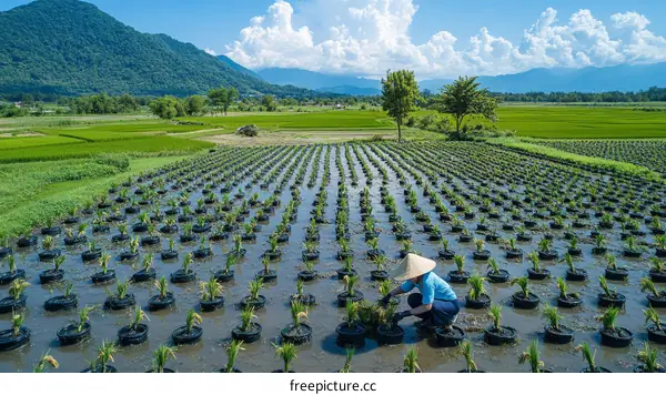 Asian Farmer Tilling Paddy Field in Elevated Pots