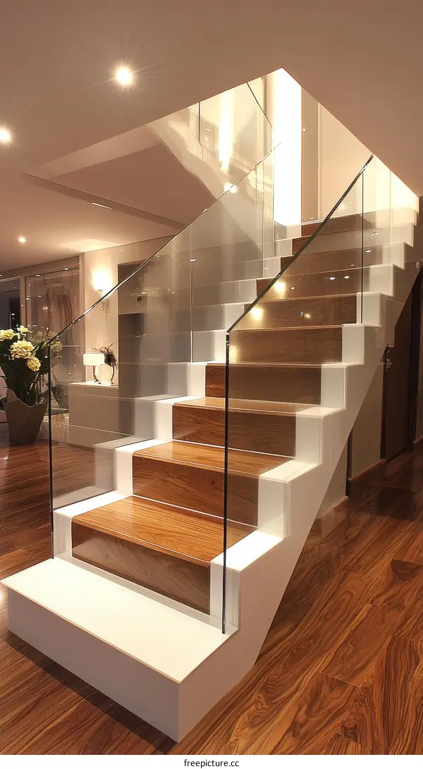 Modern Wooden Staircase with Glass Railing
