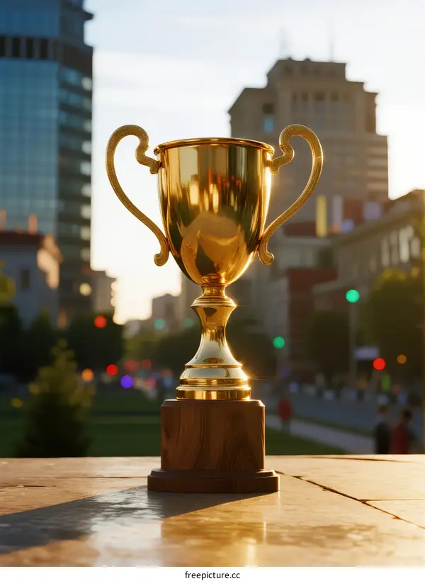 Golden Trophy on Urban Stone Surface with Blurred City Background