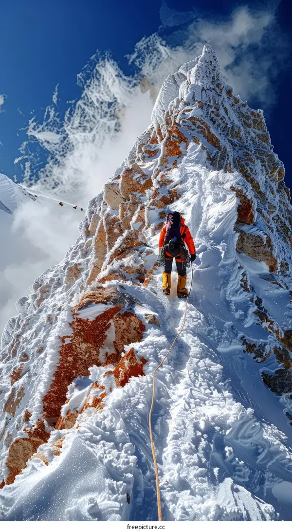 Mountaineer ascends steep snow slope on a high mountain