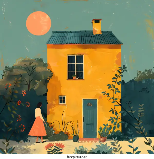 A woman standing in front of a yellow house