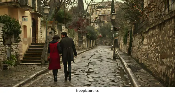 Couple Walking Down a Cobblestone Street in a European City