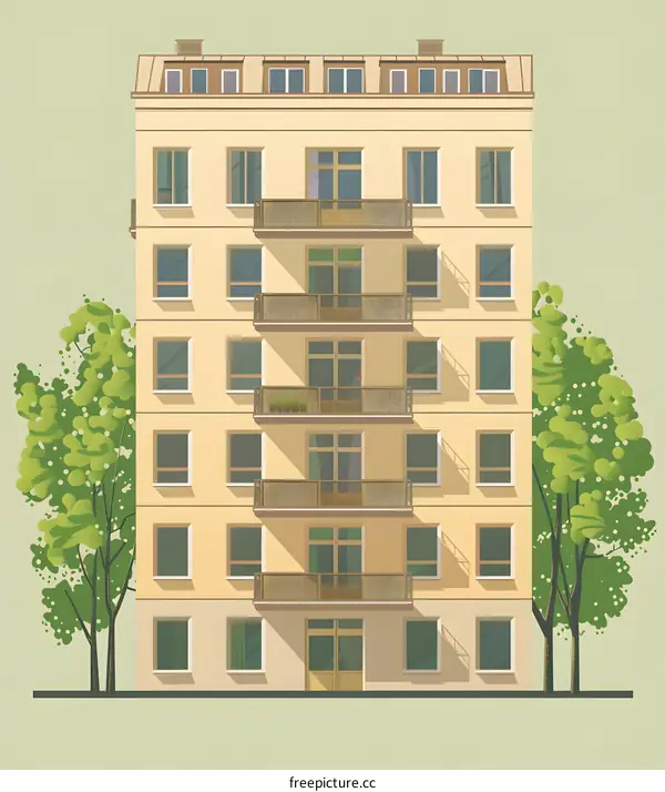 Illustration of a Beige Apartment Building with Green Trees