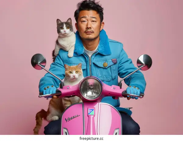 Asian man with cats on a pink motorcycle