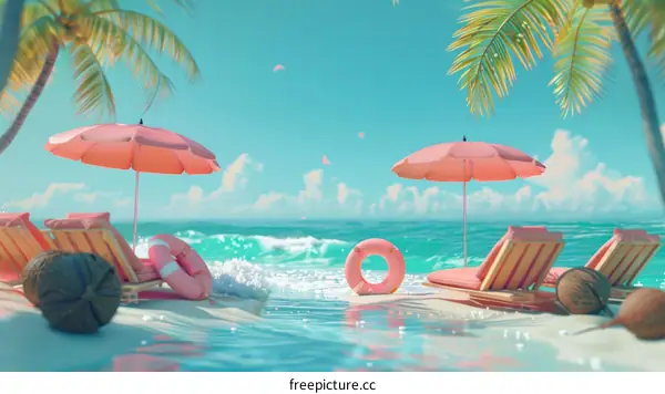 Pink and blue summer beach scene