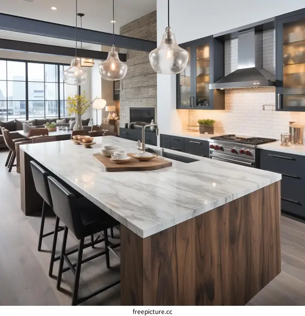 Modern Kitchen with Marble Countertops and Wood Cabinetry