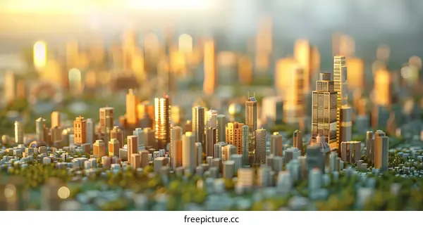 Cityscape Model Illustration with Golden Sunrise