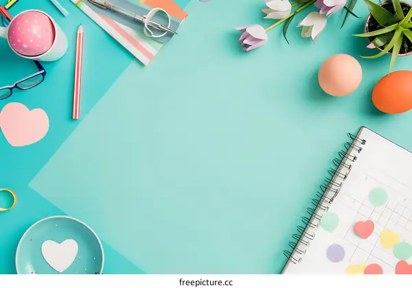 Flat Lay of Office Supplies and Decorations on a Mint Green Background