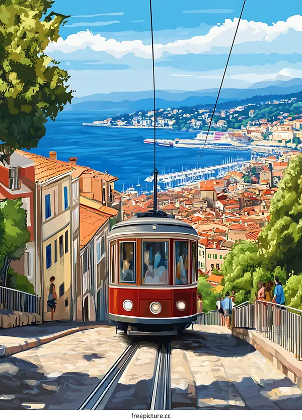 Vintage Tram Ascending Hill with City and Sea View