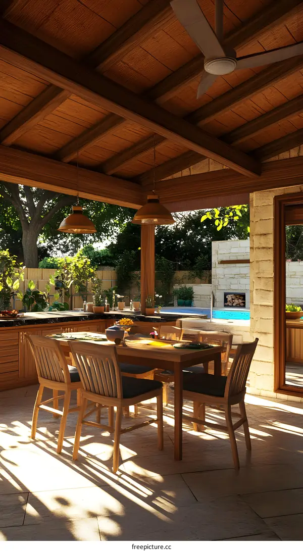 Modern Wooden Patio Design with Outdoor Kitchen and Pool