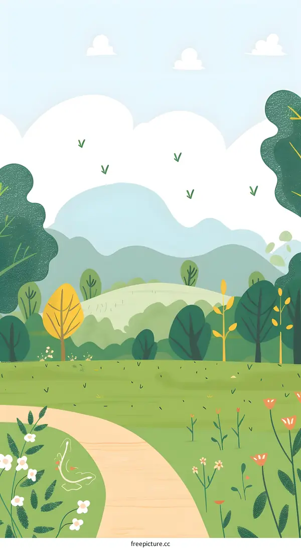 Beautiful Summer Landscape Illustration With Path And Trees