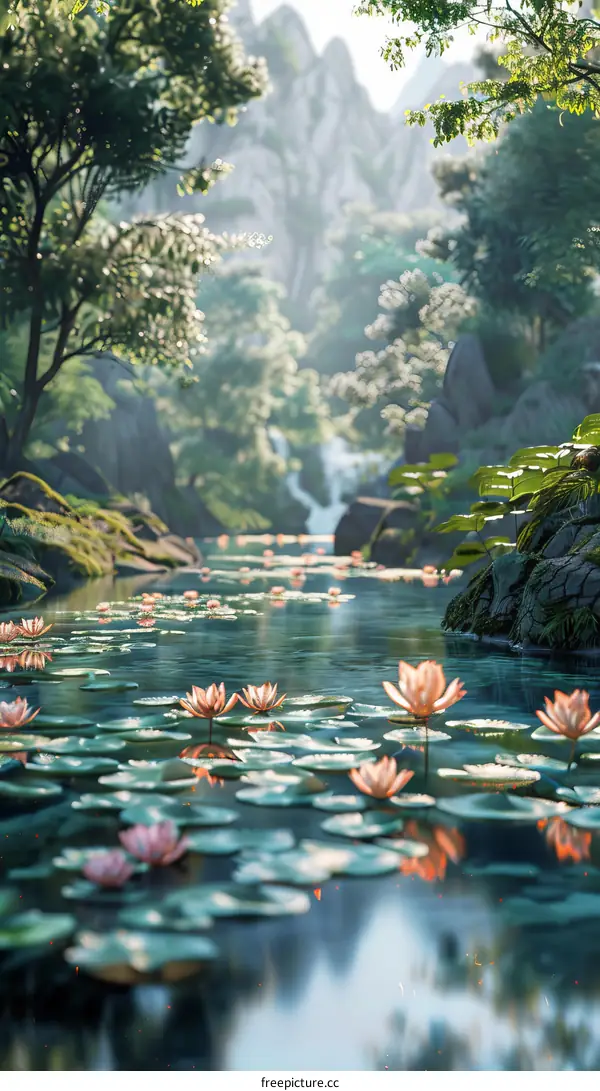 Fantasy forest river with lotus flowers