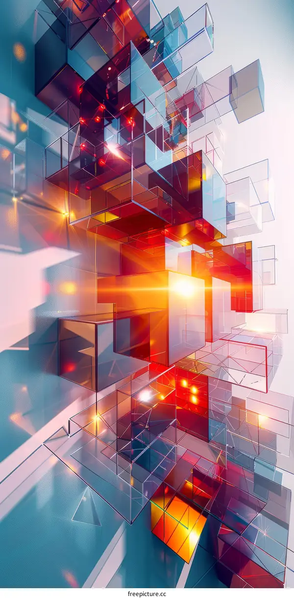 Abstract 3D rendering of glass cubes with light reflections