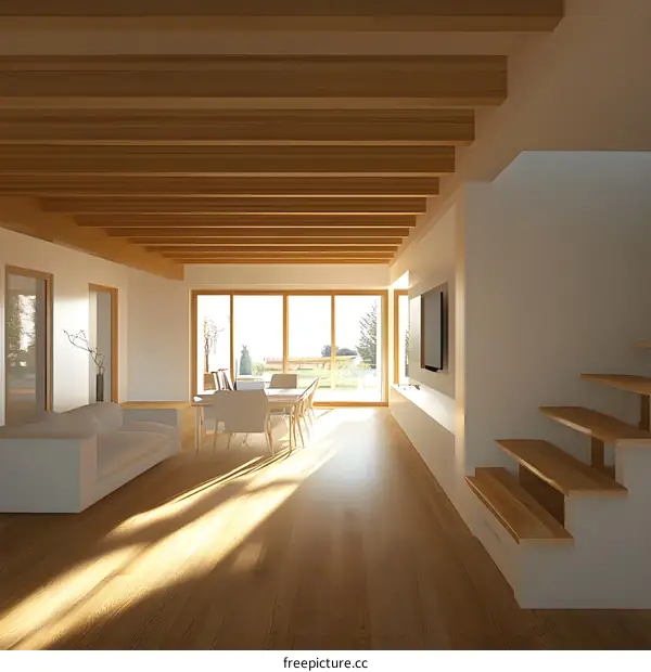 Modern Minimalist Living Room with Wooden Beams and Large Windows