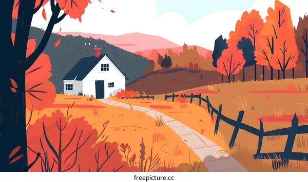 Autumn Landscape with White House and Winding Path