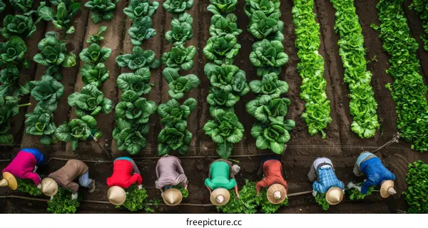 Indonesian farmers work in a vegetable field