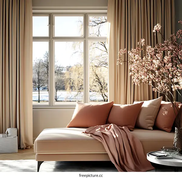 Cozy Living Room with Large Window and Peach-toned Decor