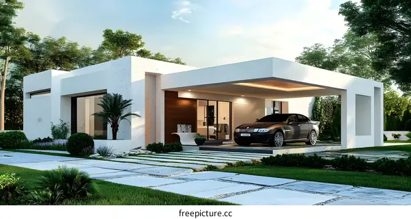 Modern White House with Car and Palm Trees