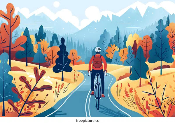 Cycling Through Autumnal Forest with Mountains in Background