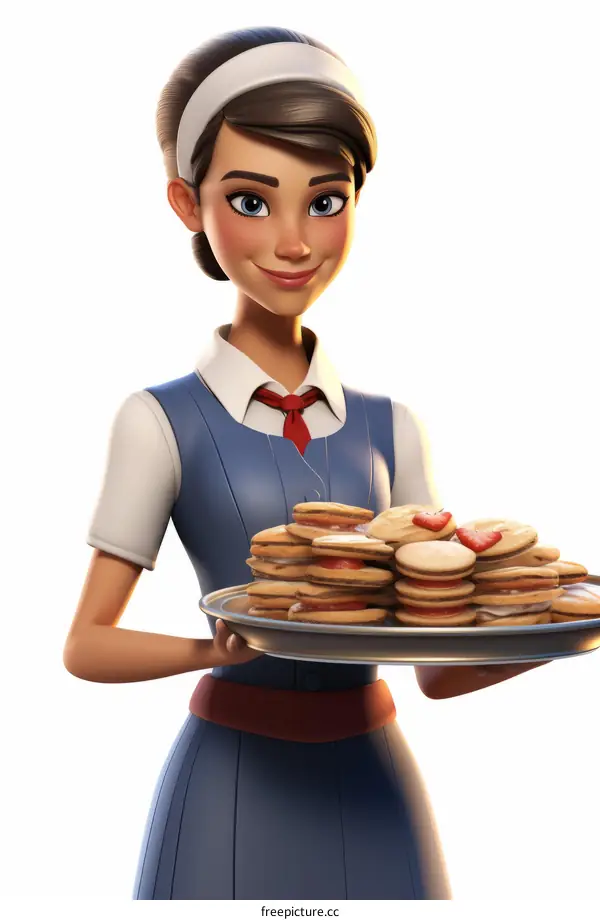 Cheerful waitress holding a tray of strawberry cream filled cookies