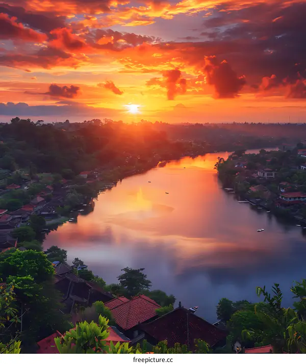 Beautiful sunset over the river and village