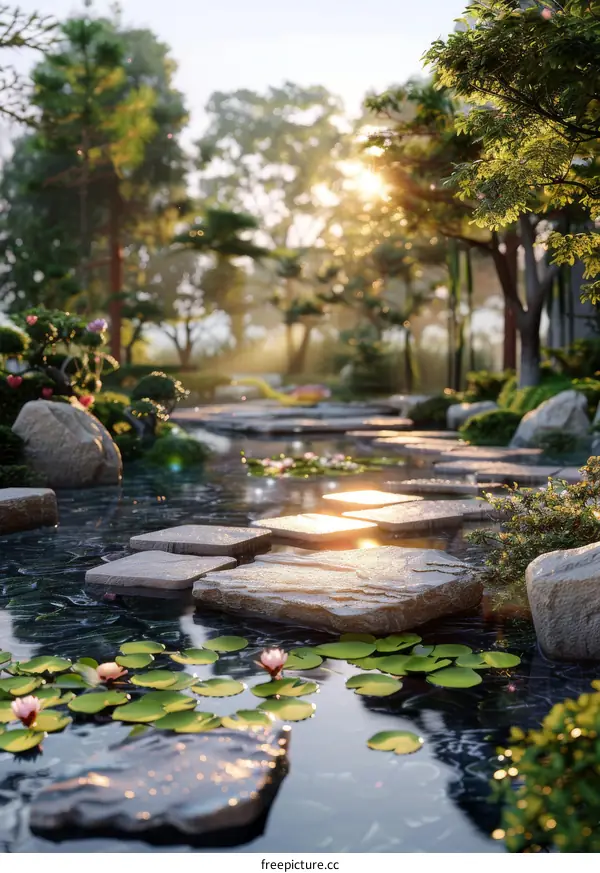 Tranquil Japanese Garden Landscape with Pond and Water Lily Flowers