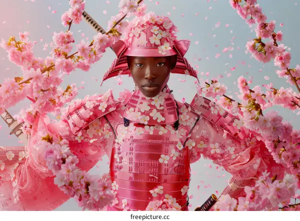 Black Female Samurai in Pink Armor with Cherry Blossoms