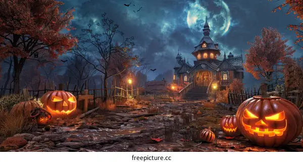 Spooky Haunted House with Full Moon, Pumpkins, and Bats