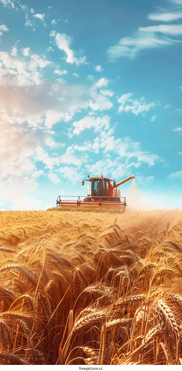 A combine harvester harvests wheat in a field