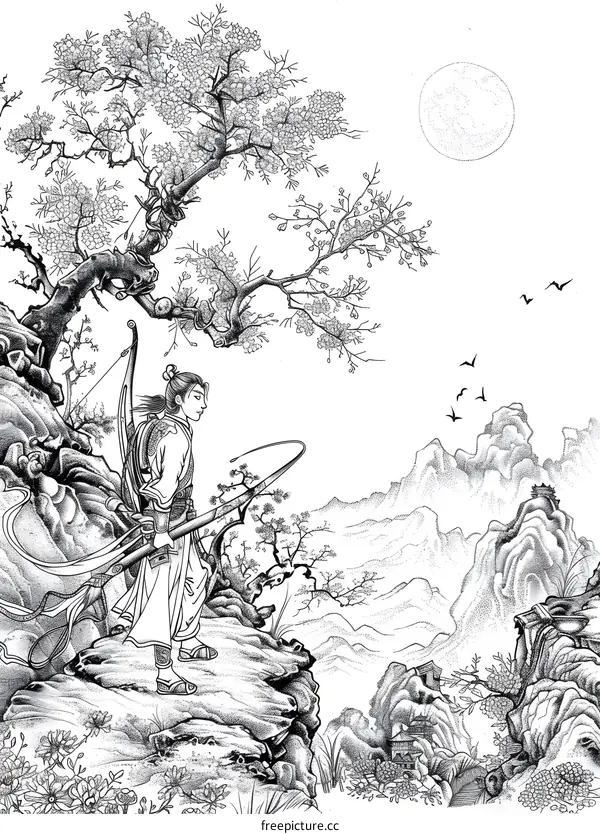 Black And White Illustration Of A Man With Bow And Arrow Standing On A Cliff