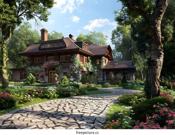 Stone and wood house in the woods