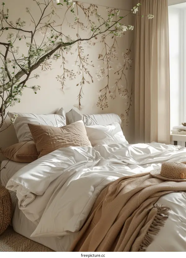 A cozy bedroom with a floral accent wall and a straw hat on the bed