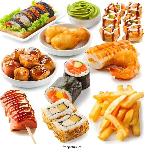 Japanese Food Sushi Rolls, Teriyaki Chicken, Shrimp Tempura, French Fries, and Wasabi