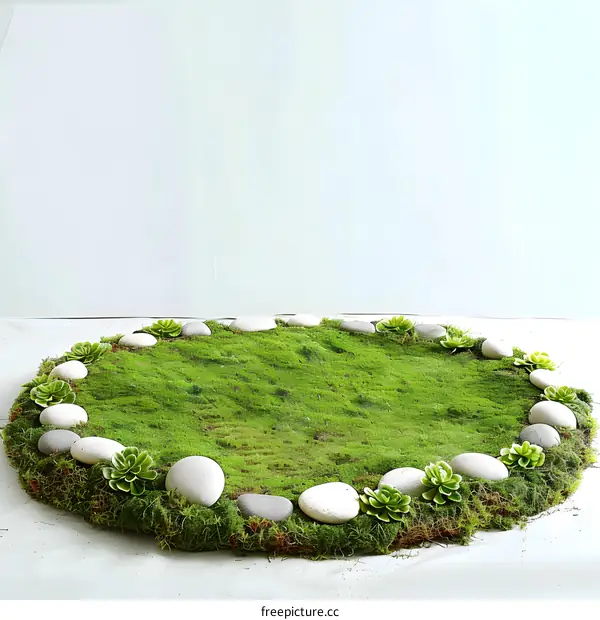 Round Green Artificial Grass Patch With Stones and Small Plants