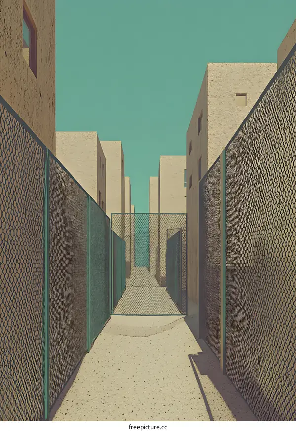 Minimalist Cityscape Illustration With Chain Link Fence