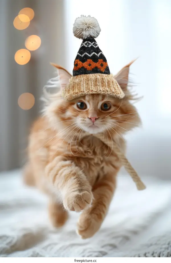 A ginger kitten wearing a colorful hat is running towards the camera